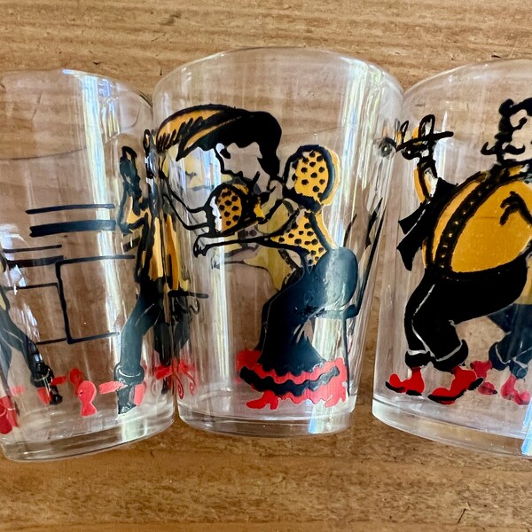 Vintage Novelty Shot Glasses Humorous Bar Scenes Hazel Atlas "Gay 90's" Double Shot 1950's Set of 3 Unique Gift