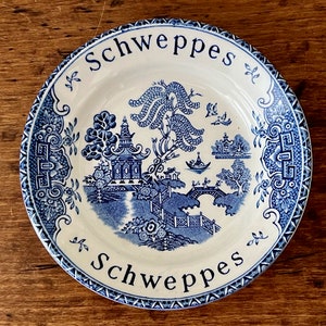 Vintage Schweppes Advertising Tip Dish: Enoch Wedgwood Blue Willow Transferware