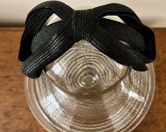 Vintage Headband Mini Hat with Veil Bow Shaped Black Ribbon and Netting Mid-Century Ladies