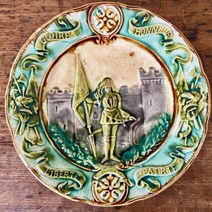 Antique Barbotine Plate Joan of Arc Made in France Collectible Majolica Earthenware 19th Century French Pottery