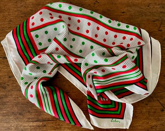 Vintage Scarf Echo Red and Green Dots and Stripes on White Silk Blend Square