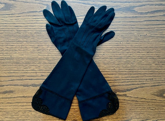 Vintage Gloves Ladies Black Cotton 8 Button or 3/… - image 1