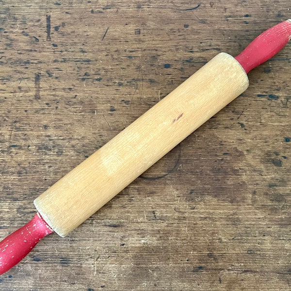 Vintage Red Handled Rolling Pin Farmhouse Style Solid Maple Chippy Paint Cottagecore