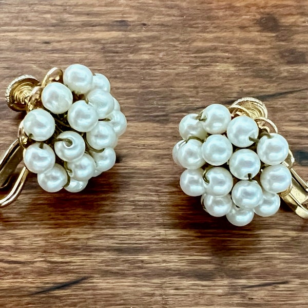 Vintage Pearl Cluster Adjustable Clip-On Earrings by Hobe 1950's Costume Jewelry