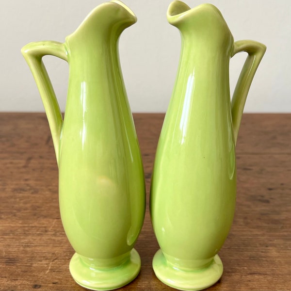 Vintage Shawnee Bud Vases Lime Green 1168 Ewer with Handle Pair of Two