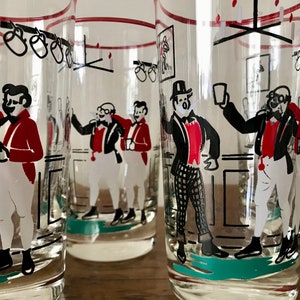 Vintage Libbey Glasses &quot;Pickwick&quot; British Pub Drinking Scenes Charles Dickens Red and Black Set of 7 Tall Highball Unique Gift for Man