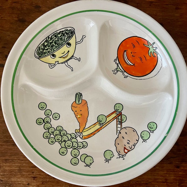 Vintage Child's Divided Plate Booth's Healthy Vegetable Family for Haviland Anthropomorphic