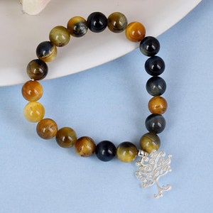 Natürliche Tigerauge Armband-Handgefertigte 925 Sterling Silber Baum Charme Armband-Einstellbare Tigerauge Schmuck Geschenk für Unisex-Perlen Edelstein