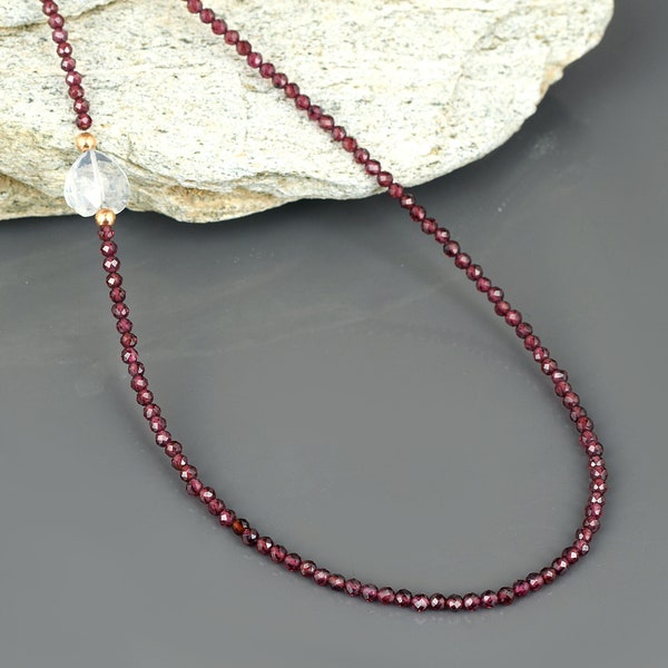 Natural Garnet Necklace With crystal,925 Silver 18” Beaded Chain ,Stone of Luck, Prosperity, Gift for Men , Women Birthstone Jewelry