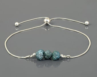 Pulsera de diamantes azules en bruto, joyería de plata de ley con piedra natal, cadena deslizante, ajustable