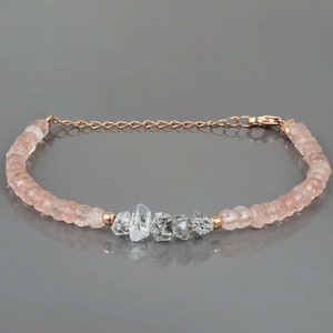 Morganite & Herkimer Diamond Bracelet, Natural Gemstone Jewelry, Sterling Silver Clasp, Healing Crystal Gift, Pink Quartz Bracelet