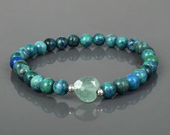 Pulsera de cuentas de azurita y malaquita - Plata de ley, joyería para yoga