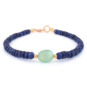 Blue Sapphire Emerald Bracelet, Sterling Silver Clasp, Natural Faceted Gemstone Beads, September Birthstone Jewelry, Gift for her