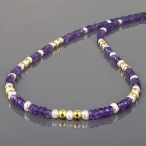 Natural Amethyst Pearl Choker Necklace ,Gold Filled Sterling Silver ,Faceted Rondelle February Birthstone Jewelry