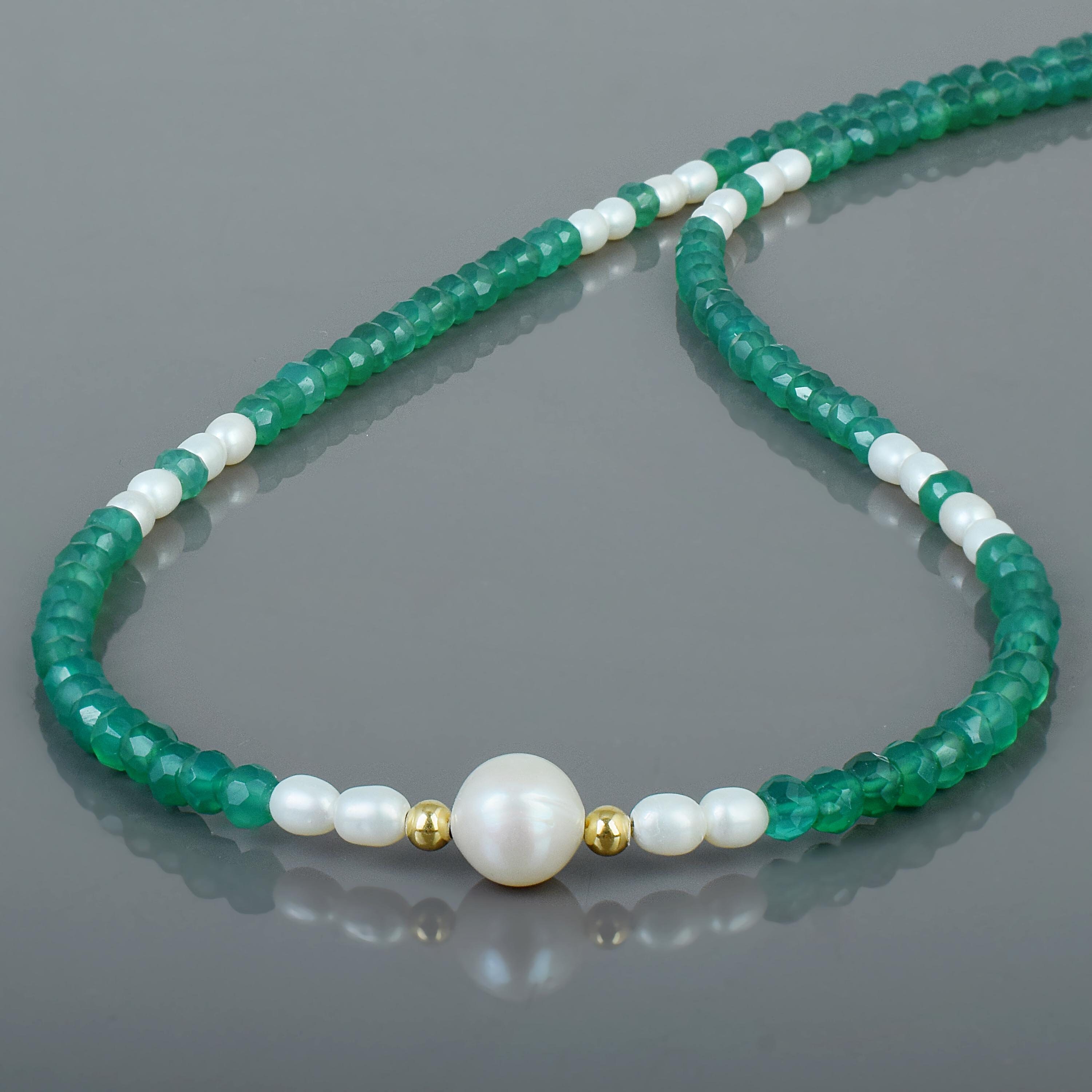 Natural Green Onyx Pearl Choker Necklace - Gold Plated Sterling