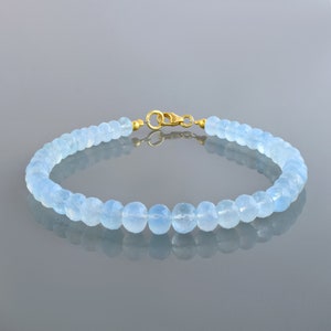 Natural Aquamarine Beads Bracelet, Sterling Silver Chain, March Birthstone Jewelry, Healing Crystal Blue Gemstone, Gift for her