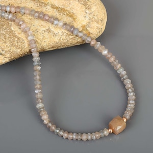 Natural Moonstone Necklace 4MM Rondelle Faceted Gemstone Choker Beads Strand Healing Power Moonstone Chocolate Beads Jewelry Gift for Her
