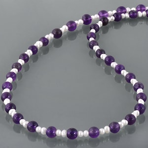 Amethyst and Pearl Necklace | 925 Sterling Silver 18&quot; Chain | Natural Purple Gemstone Beads | Unisex Gift | February Birthstone Jewelry