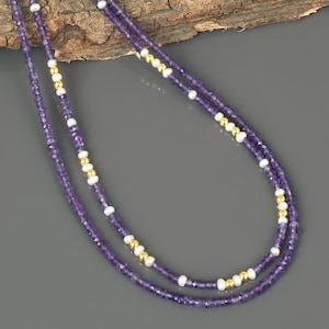 Natural Amethyst & Pearl Bead Necklace-February Birthstone Gift-Purple Gemstone Necklace-Freshwater Pearl Jewelry Gift-Sterling Silver Claps