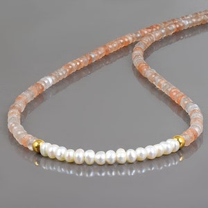 1 Strand Natural Sunstone Necklace With Pearl Beaded Smooth Round Freshwater Pearl Gemstone Necklace 925 Silver 18" Stone Jewelry Gift