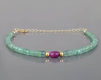 Natural Emerald Bracelet With Ruby Beaded Ruby Gemstone Jewelry Rondelle Faceted Gemstone Bracelet May July Birthstone Gift Jewelry