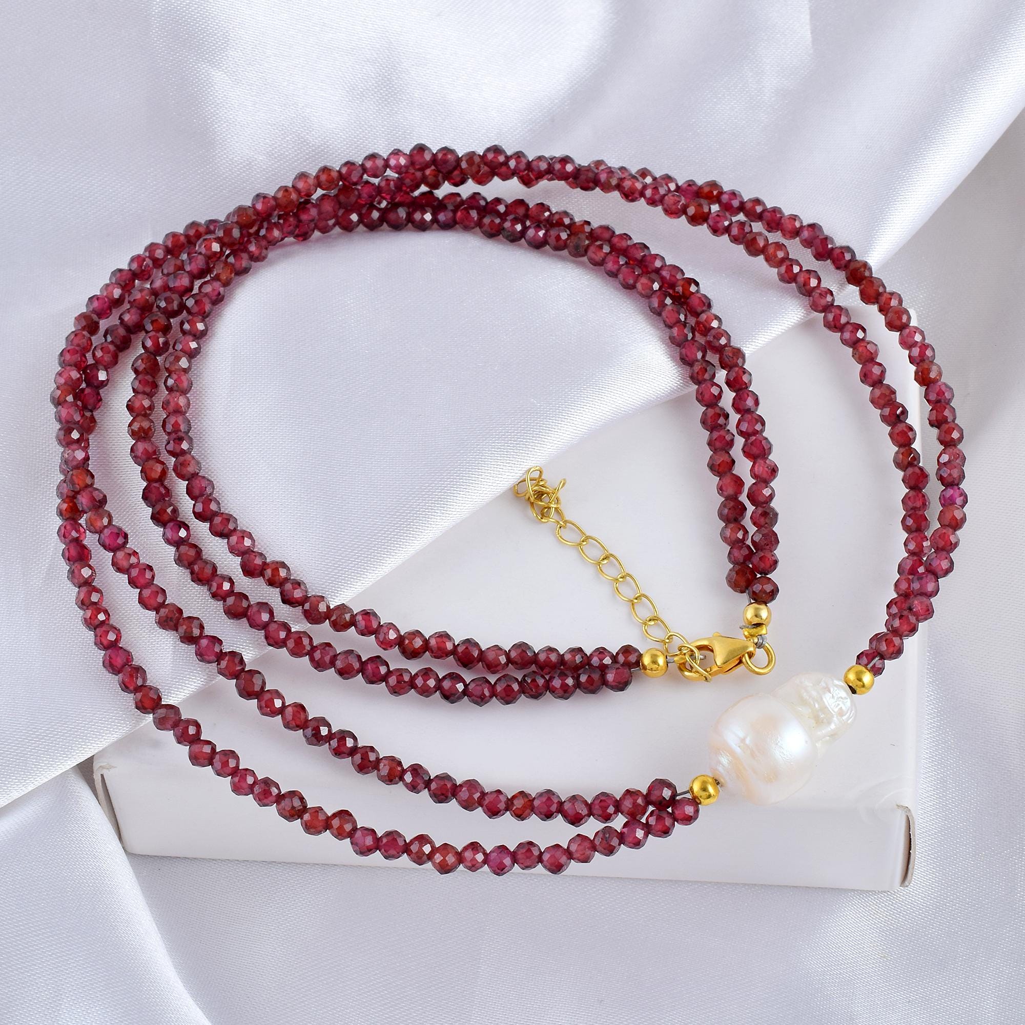 Collana Con Granato Naturale Sfaccettato 3mm Su Catena In Argento 925 Placcato Oro Rosa - Lunghezza 47 Cm, Regalo Per Donna (Natale, Compleanno) - 5