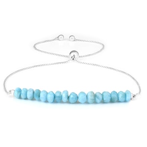 Natural Larimar Bracelet 925 Sterling Silver Rondelle Faceted Slider Chain Bracelet Sea Blue Larimar Stone Bolo Chain Adjustable Box Chain