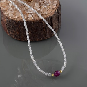 Grey Diamond & Ruby Bead Necklace,Sterling Silver Clasp,Natural Ruby Pendant,Uncut Raw Diamond Nuggets,April Birthstone Jewelry Gift for her