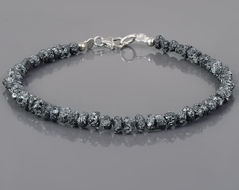 Bracciale unisex con diamanti neri grezzi, pepite non tagliate, argento sterling, unisex