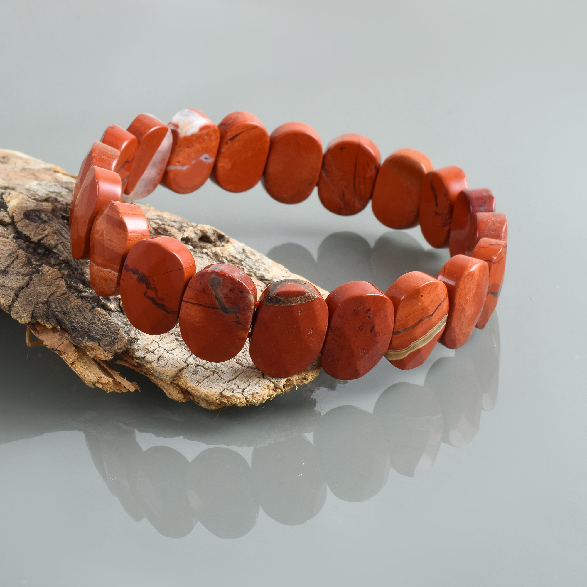 Red Jasper Bracelet Stretch Natural Stone Healing Crystal, Yoga Jewelry 20CM