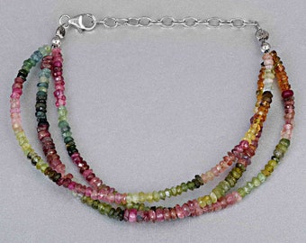 Natural Multi Tourmaline Bracelet Watermelon Tourmaline Layering Beads Multi Stone 925 Silver Chain Jewelry Rondelle Faceted Protection Bead