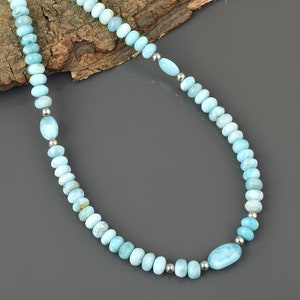 Larimar Beaded Choker Necklace |  Natural Blue Gemstone Jewelry | Smooth Roundel Beads | Beachy Gift for Her | Boho Summer Jewelry