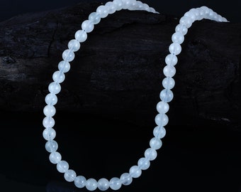 Collier aigue-marine, bijoux aigue-marine perlés ronds lisses, pierre de perles de cristal de guérison bleu mer pour femmes, collier minimaliste cadeau Starnd
