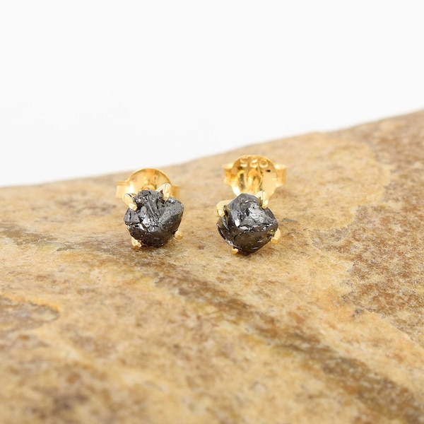 5mm Black Raw Diamond Studs, Diamond Stud Earrings,Natural Black Diamond Jewelry,925 Sterling Silver Raw Diamond Earrings Prong Setting
