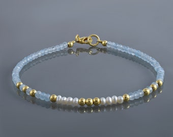 Handcrafted Aquamarine Tennis Bracelet, Gold Filled Silver, Minimalist Gemstone Jewelry-925 Silver Gold Filled Lobster claw Gift for her