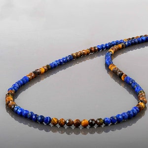 Natural Lapis Lazuli Necklace With Tiger Eye,Beaded Tiger eye Gemstone Necklace,Tiny Micro Faceted Round Blue Lapis 925 Silver 18&quot; Chain