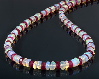 Natural Ruby Necklace,Ethiopian Opal Gemstone Beaded Layering Necklace,Genuine Ethiopian Welo Opal Rondelle Necklace,Opal Choker Gift