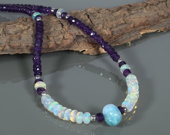 Ethiopian Opal & Amethyst Necklace Set - Unique Larimar Stones - Handmade Minimalist Chain - Exquisite Statement Gift