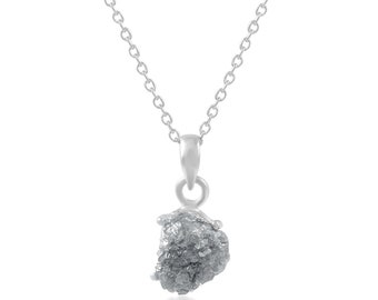 Natural Grey Diamond Necklace - 925 Sterling Silver Diamond Jewelry, Raw Rough Diamonds Gift