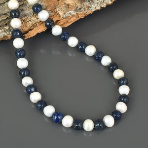 Genuine Lapis Lazuli Necklace,Freshwater Pearl Necklace,Smooth Round 925 Silver 18" Beaded Pearl for Women,Lapis Pearl Jewelry gift