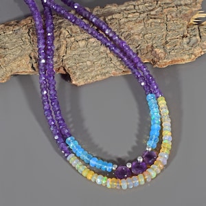 Natural Amethyst Beads Necklace, Sterling Silver Adjustable Chain, February Birthstone Jewelry,Purple Gemstone Gift,Opal Beaded Gift for her