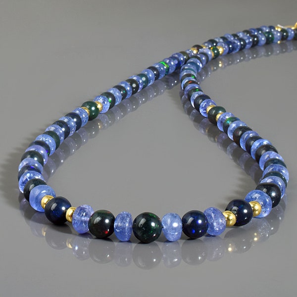 AAA Quality Tanzanite Gemstone Necklace Plain Rondelle Genuine Tanzanite Beads Jewelry Black Ethiopian Opal Beads Necklace Multi fire Opal