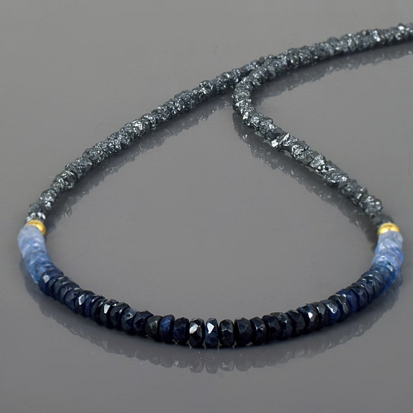 Natural Blue Sapphire Necklace Raw Diamond Uncut Nuggets Beads Necklace Sapphire Stone Jewelry Black Diamond Necklace Sapphire Beads Gift