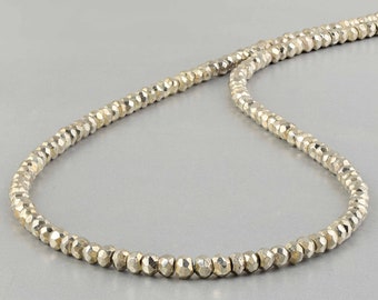 Natural Silver Pyrite Beaded Necklace Rondelle Faceted 925 Silver Chain 18" Jewelry Healing Crystal Mental Stress Relief Gift for Unisex