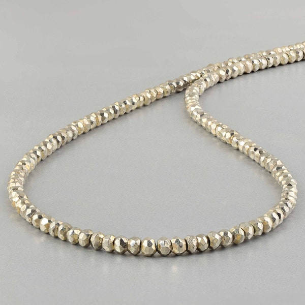 Natural Silver Pyrite Beaded Necklace Rondelle Faceted 925 Silver Chain 18" Jewelry Healing Crystal Mental Stress Relief Gift for Unisex