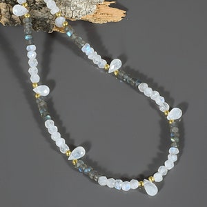 Rainbow Moonstone Necklace with Labradorite Beads - Handcrafted Blue Flashy Jewelry Set-925 Silver 18&quot; Beaded Necklace ,Rainbow Fire Gift