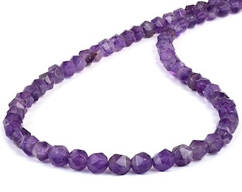 May include: A strand of purple amethyst gemstone beads. The beads are faceted and have a starburst shape.