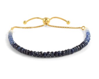 Ombre Blue Sapphire Beaded Bracelet, Sterling Silver Gold Plated Adjustable Slider Chain Gift