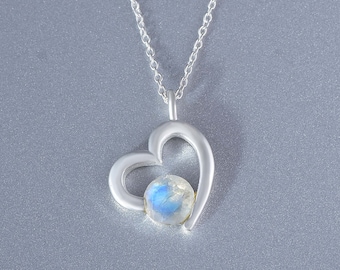 Natural Rainbow Moonstone Necklace, Sterling Silver Moonstone Pendant,Small Blue Flash Moonstone,Heart Shape Rainbow Moonstone Necklace