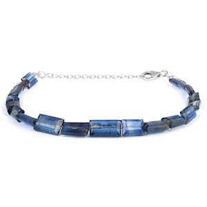 Healing Crystal Kyanite Beads Bracelet - Genuine Blue Gemstone Jewelry for Birthday Gift-925 Silver Lobster claw Adjustable chain for Her